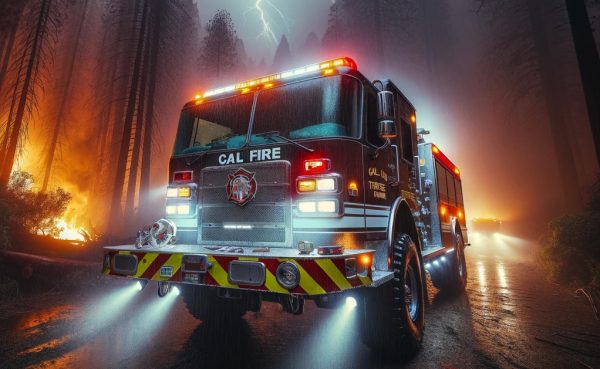 A CAL FIRE Type 3 Wildland fire truck, designed for rugged terrain, in the midst of a dark and stormy night within a dense forest setting. The fire truck, marked with the recognizable CAL FIRE livery and 'BME Fire Trucks' branding, has its full array of lights on, piercing through the darkness and rain. Behind the vehicle, the ominous glow of a wildland fire illuminates the night, with flames licking at the edges of the forest canopy and smoke billowing into the stormy sky. Intermittent flashes of lightning add a dramatic backlight to the scene, highlighting the urgency and danger as the fire truck prepares to combat the spreading wildfire.