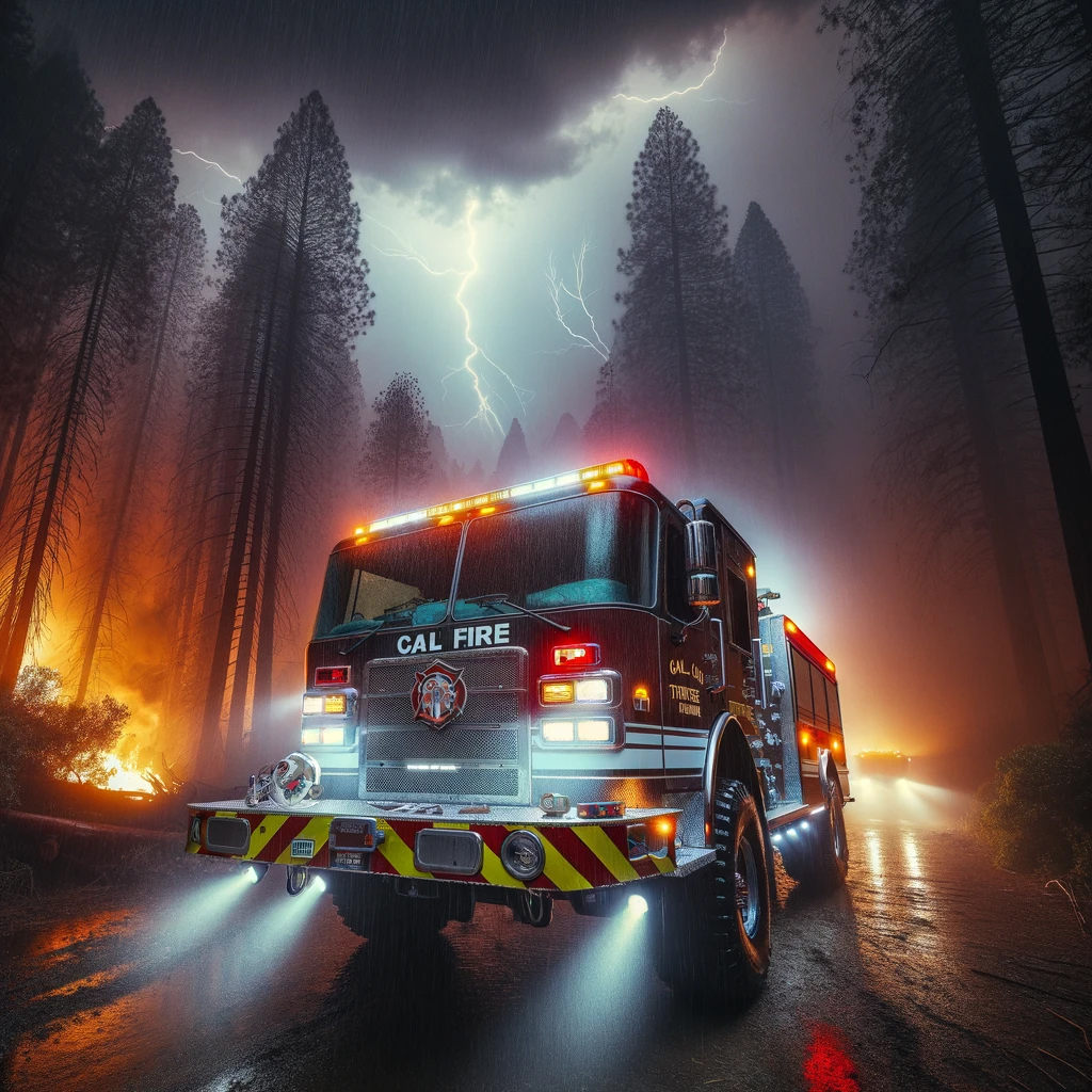 A CAL FIRE Type 3 Wildland fire truck, designed for rugged terrain, in the midst of a dark and stormy night within a dense forest setting. The fire truck, marked with the recognizable CAL FIRE livery and 'BME Fire Trucks' branding, has its full array of lights on, piercing through the darkness and rain. Behind the vehicle, the ominous glow of a wildland fire illuminates the night, with flames licking at the edges of the forest canopy and smoke billowing into the stormy sky. Intermittent flashes of lightning add a dramatic backlight to the scene, highlighting the urgency and danger as the fire truck prepares to combat the spreading wildfire.